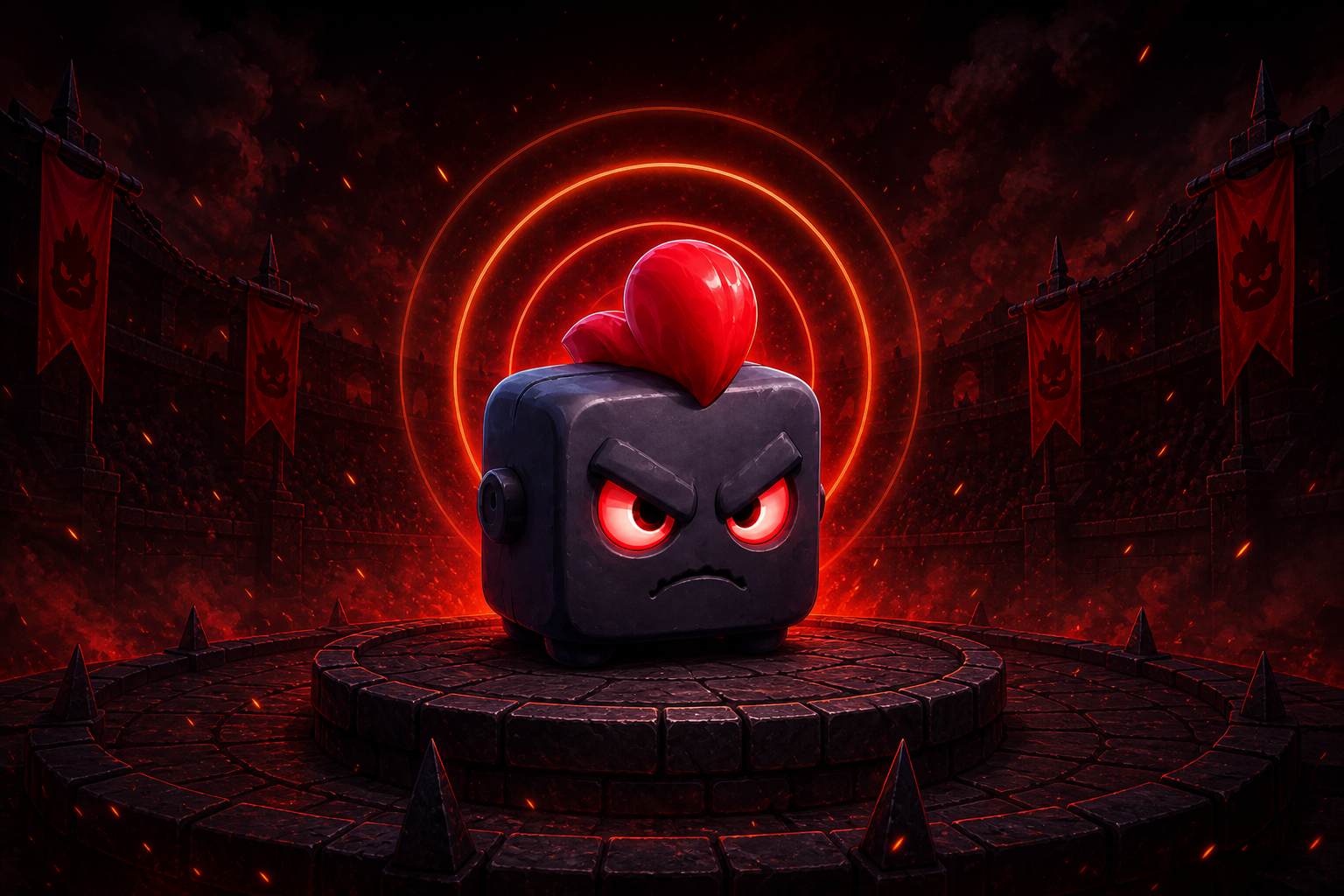 Cubo raivoso no pódio da arena com anéis neon