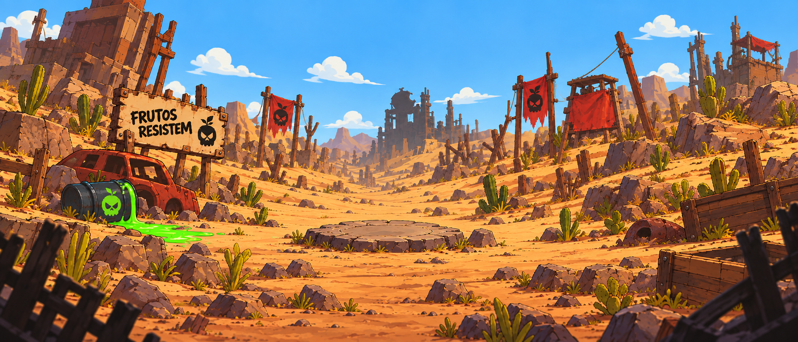 Fundo oficial do lobby: deserto, placa Frutos Resistem e suco tóxico